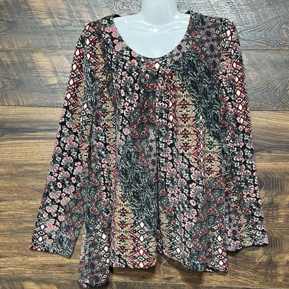 Southern Lady Artsy Top Med Tunic‎ Long Sleeve Floral Geometric Boho Hanky Hem